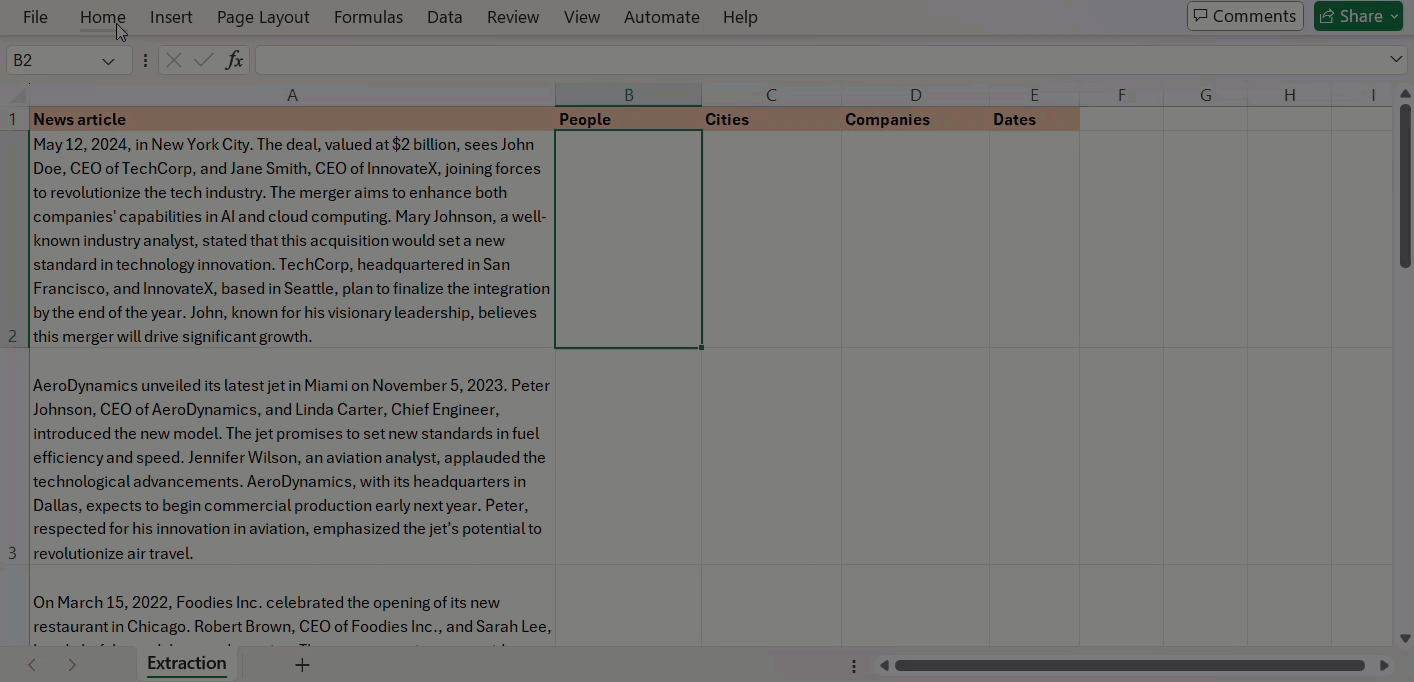 Click Home tab, GPT for Excel Word. Then Bulk tools tab, Extract entities.