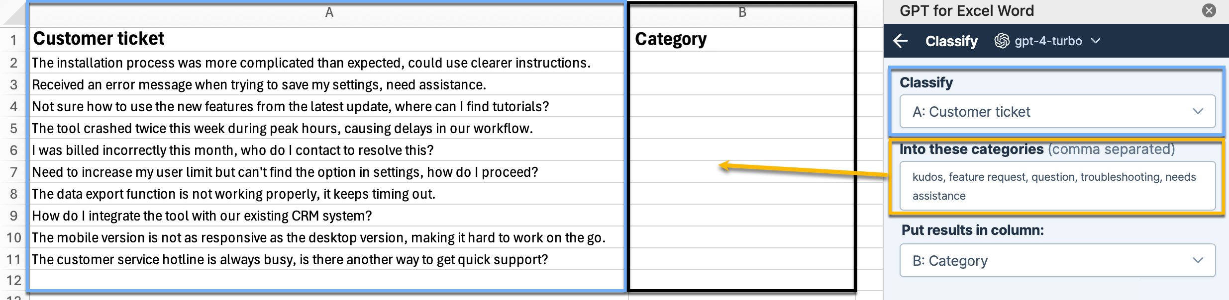 The image highlights three main steps: selecting a column to classify, entering desired categories separated by commas, and choosing a column to put the results in.