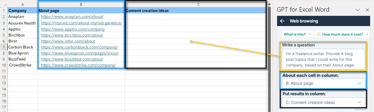 The image shows how to enter a prompt, select a relevant column for the prompt, and choose a column to put the results in