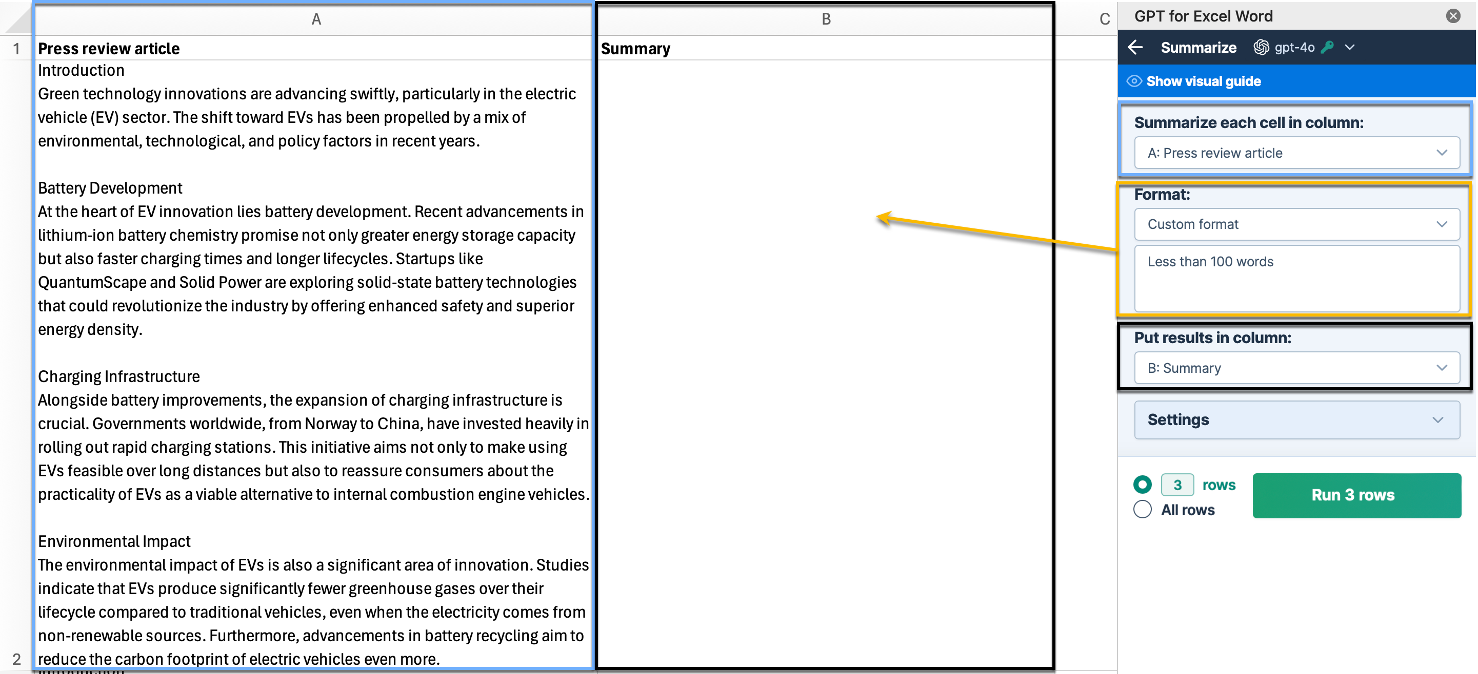 The image shows the process of entering data to summarize, select the format, and choose a column to put the results in.