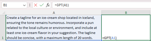Cell A1 contains a long prompt, and cell B1 contains =GPT(A1)