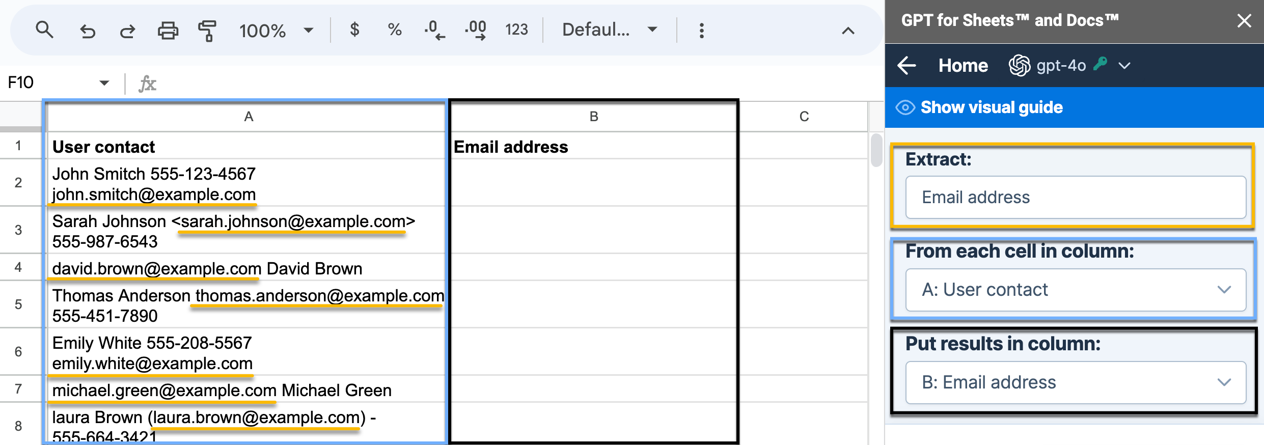 The image shows steps to select a column to translate, optionally set or auto-detect the source language, specify the target language, and choose a results column.