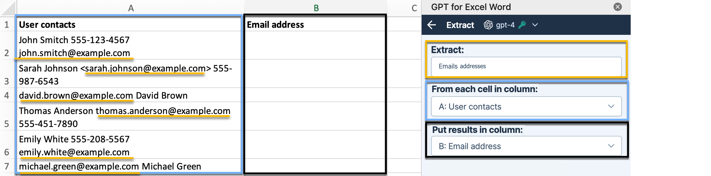 The image shows steps to select a column to translate, optionally set or auto-detect the source language, specify the target language, and choose a results column.