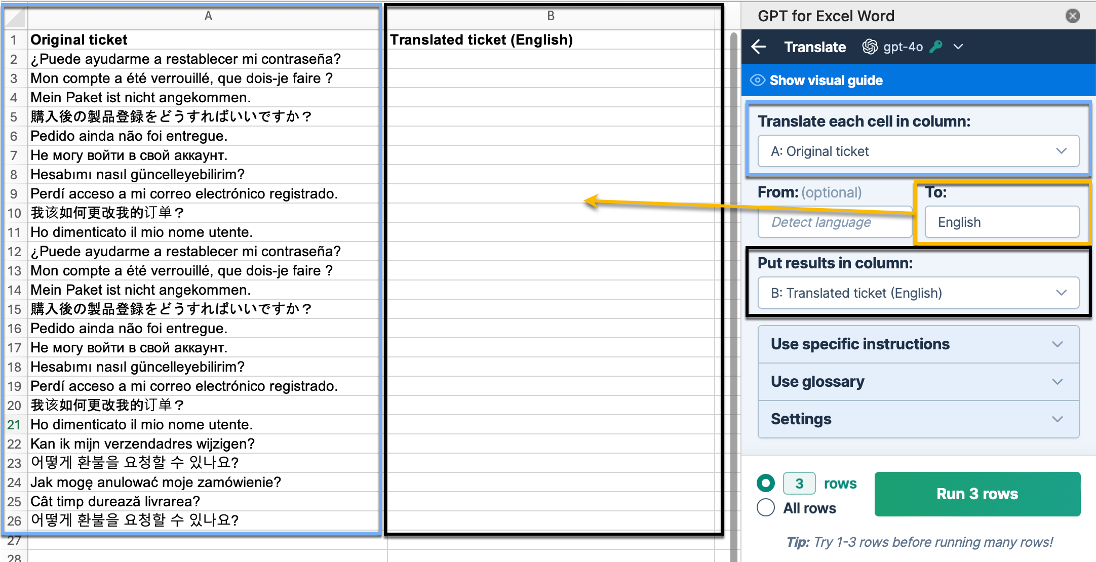 The image shows steps to select a column to translate, optionally set or auto-detect the source language, specify the target language, and choose a results column.